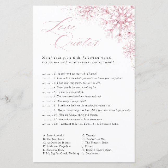 Lámina Love Quotes Game Pink Snow in Love Bridal Shower (Anverso)