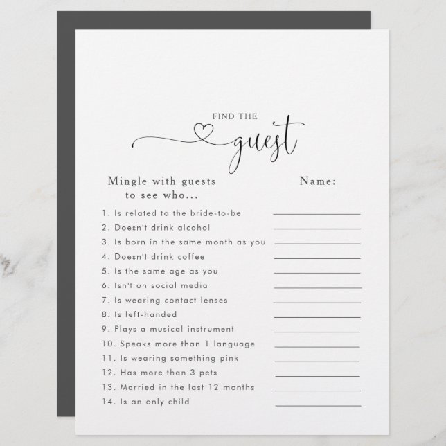Lámina Love Script Bridal Shower Find the Guest Game (Anverso / Reverso)