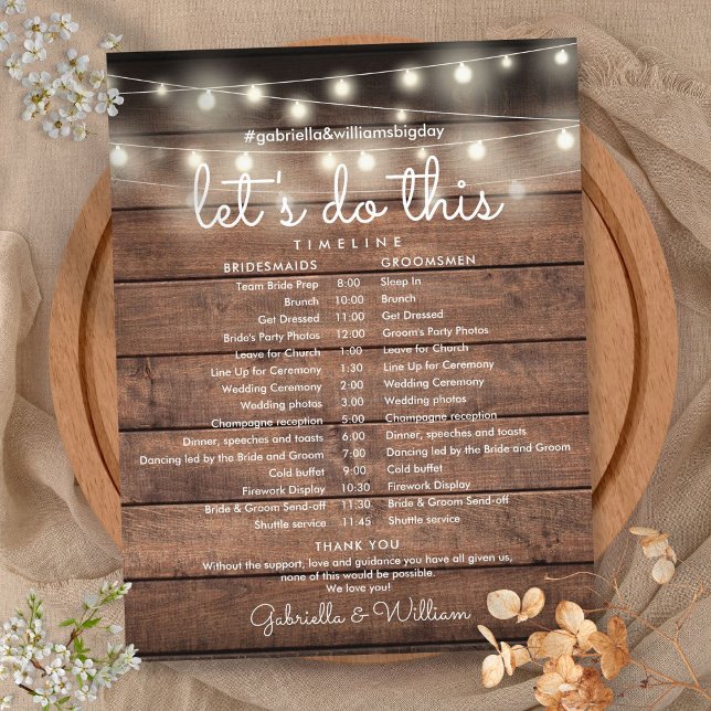 Lámina Luces de Cuerda Rústicas Calendario de Bodas (String Lights Rustic Wedding Schedule Timeline)