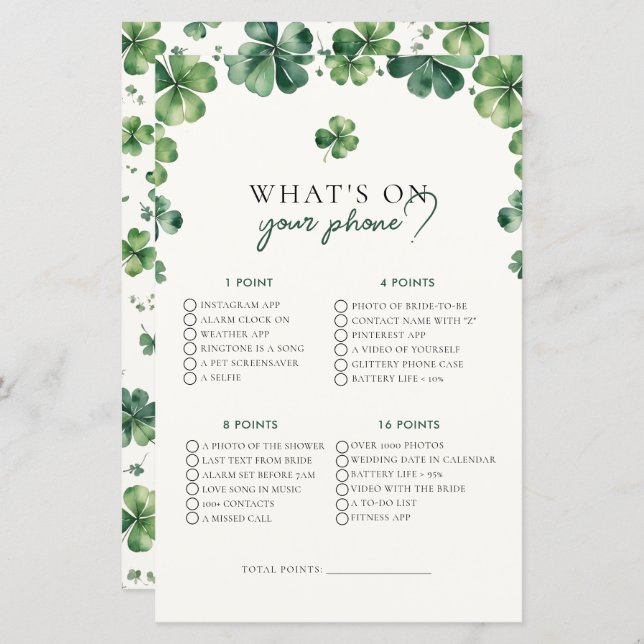 Lámina Lucky Love What On Your Phone Bridal Shower Game (Anverso / Reverso)