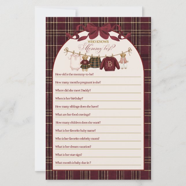 Lámina Luxsary Teddy Baby Shower Girl Plaid Game (Anverso)