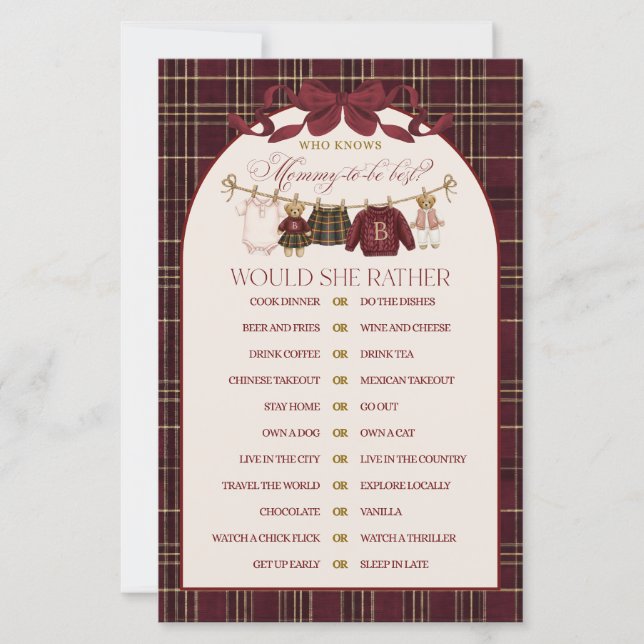 Lámina Luxsary Teddy Baby Shower Girl Plaid Game (Anverso)