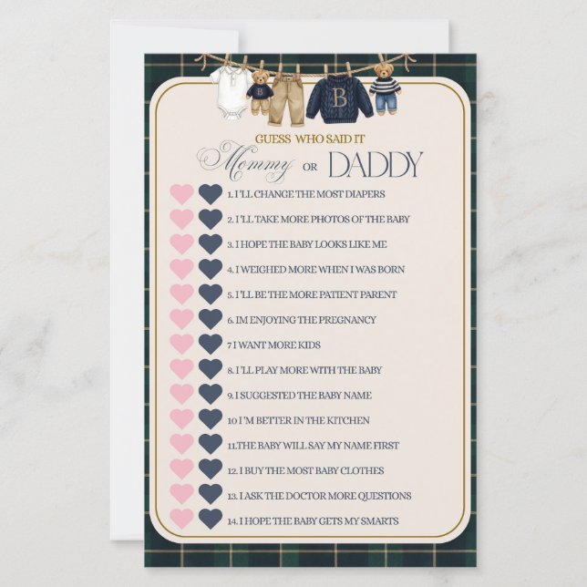 Lámina Luxsary Teddy Bear Plaid Baby Shower Game (Anverso)