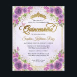 Lámina Luz Floral Presupuestaria Purple Gold Tiara Quince<br><div class="desc">Moderno Glam Floral Luz Botánica Violeta Púrpura Pastel Oro Tiara Crown Sparkle Purpurina RSVP Cumpleaños Invitación Quinceañera</div>