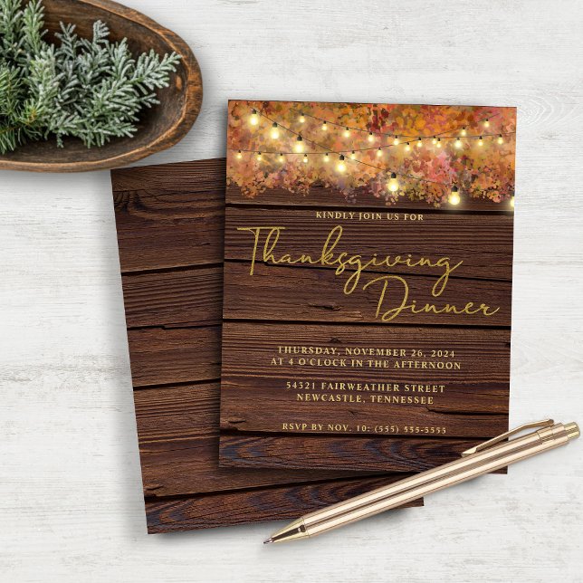 Lámina Madera de la Cadena de Acción de Gracias Rústica P (Budget Rustic Thanksgiving String Lights Wood Dinner Invitation)