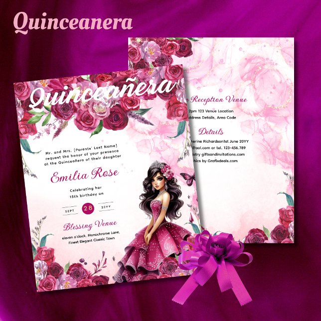 Lámina Magenta Rosa Quinceanera Vestido Mariposas Florale (Subido por el creador)