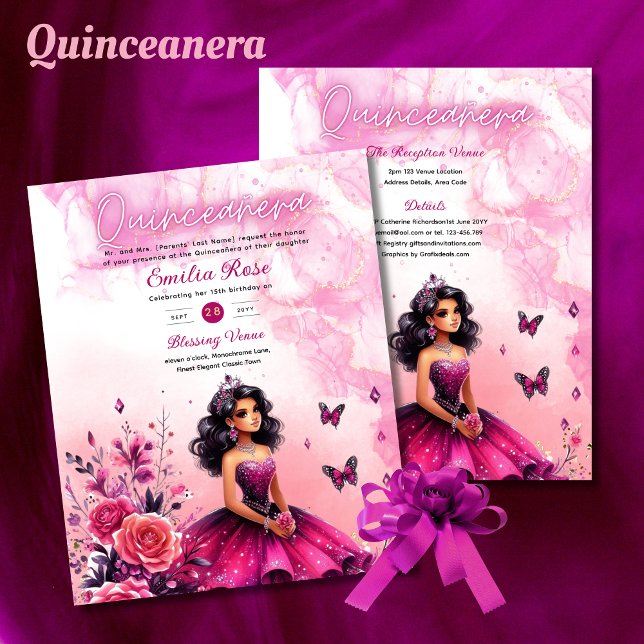 Lámina Magenta Rosa Quinceanera Vestido Mariposas Florale (Subido por el creador)