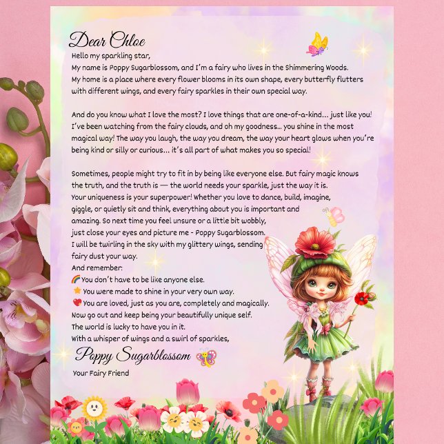Lámina Magnífica Única Letra de Keepsake para niños (Personalized Fairy Letter for Girls – Self-Love & Embracing Uniqueness – Fairy Poppy Sugarblossom)
