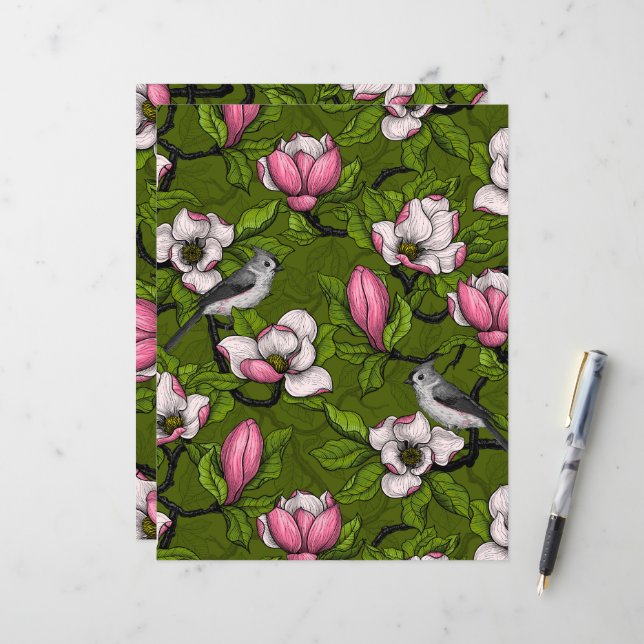 Lámina Magnolia y pájaro del titmouse 2 (Anverso/Reverso In Situ)