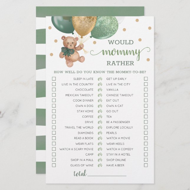Lámina ¿Mamá prefiere jugar a Baby Shower Teddy Bear? (Anverso / Reverso)