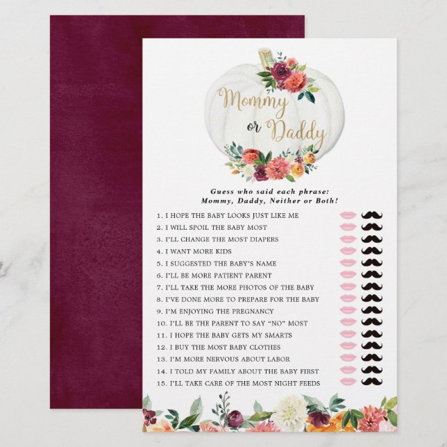 Lámina Mami o papi juego caída calabazas florales (Anverso / Reverso)