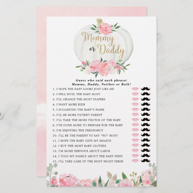 Lámina Mami o papi juego calabazas rosadas de caída de or (Anverso / Reverso)