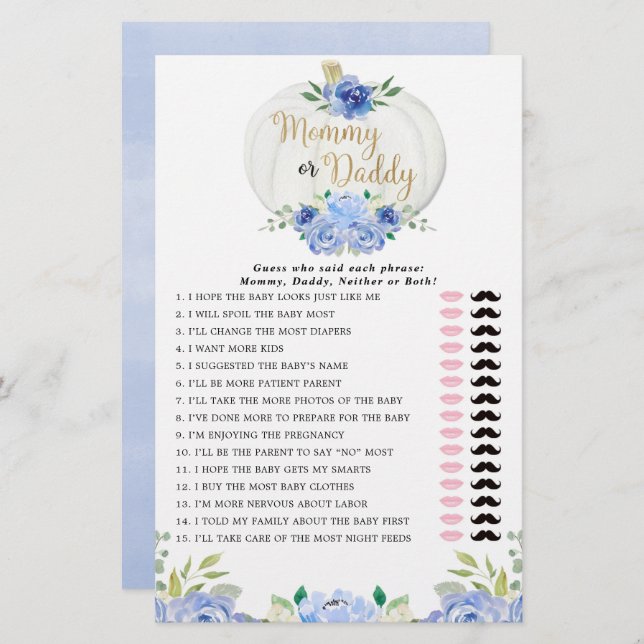 Lámina Mami o papi juego verde azul calabazas caídas (Anverso / Reverso)