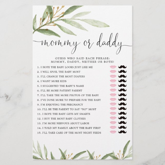 Lámina Mami o papi juego verde oro género neutro (Anverso)