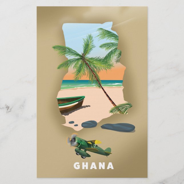 Lámina Mapa de Ghana ilustrado afiche de viajes. (Anverso)