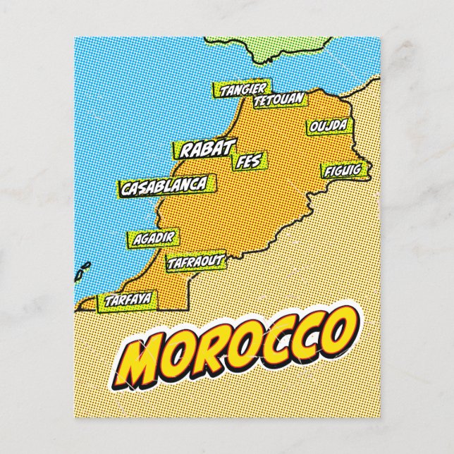 Lámina Mapa de Marruecos ilustrado con Pop Art (Anverso)