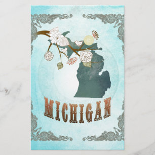 Lámina Mapa de Michigan con hermosos pájaros