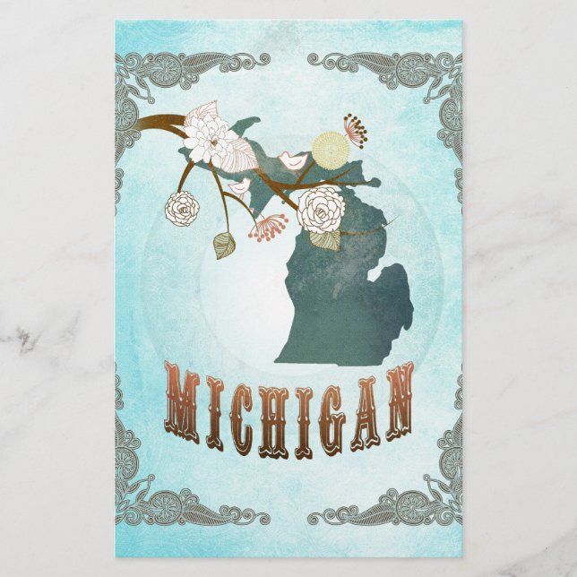 Lámina Mapa de Michigan con hermosos pájaros (Anverso)