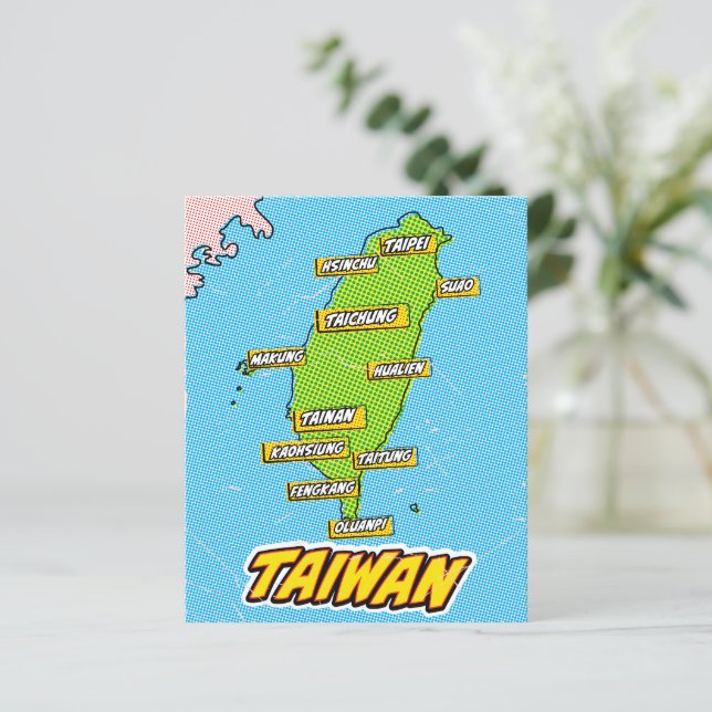 Lámina Mapa de Taiwan ilustrado por arte pop (Anverso de pie)