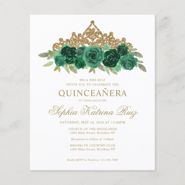 Lámina Maravilla floral de esmeralda verde Tiara Quinceañ (Anverso)