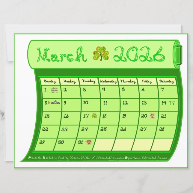 Lámina March 2026 Month Green Calendar Fabric Font Paper  (Anverso)