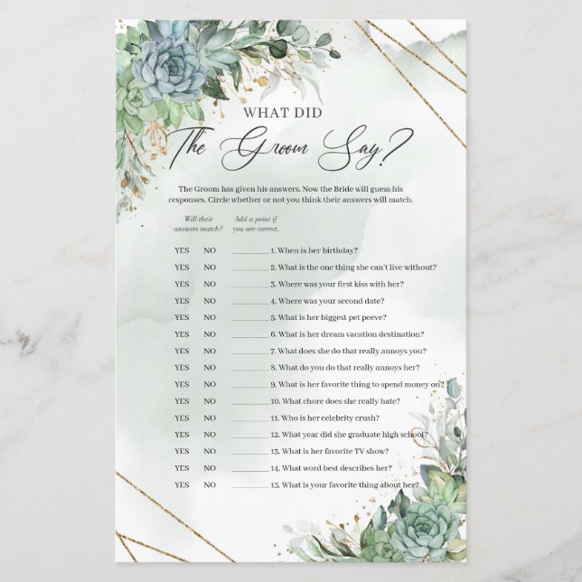 Lámina Marco dorado de Green Succulent ¿Qué dijo el novio (Anverso)