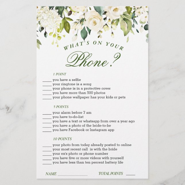 Lámina Marfil White Floral Watercolor Bridal Shower Game (Anverso)
