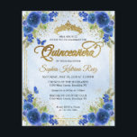Lámina Marina Floral Azul Oro Azul Tiara Quinceañera<br><div class="desc">Moderna Marina Botánica Glam Floral Oro Azul Tiara Crown Sparkle Purpurina RSVP Cumpleaños Invitación Quinceañera</div>