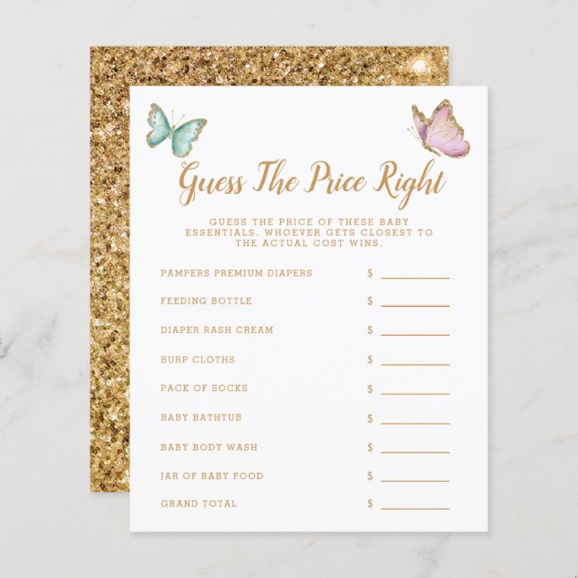 Lámina Mariposa Adivina El Juego De Baby Shower De Precio (Anverso / Reverso)