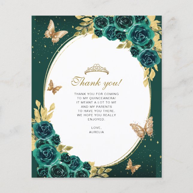 Lámina Mariposa Floral de oro Esmeralda Quinceañera Foto (Anverso)