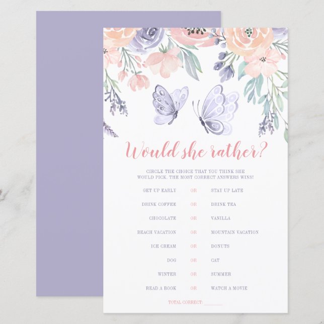 Lámina Mariposa Floral Púrpura Rosa Prefiere Jugar (Anverso / Reverso)