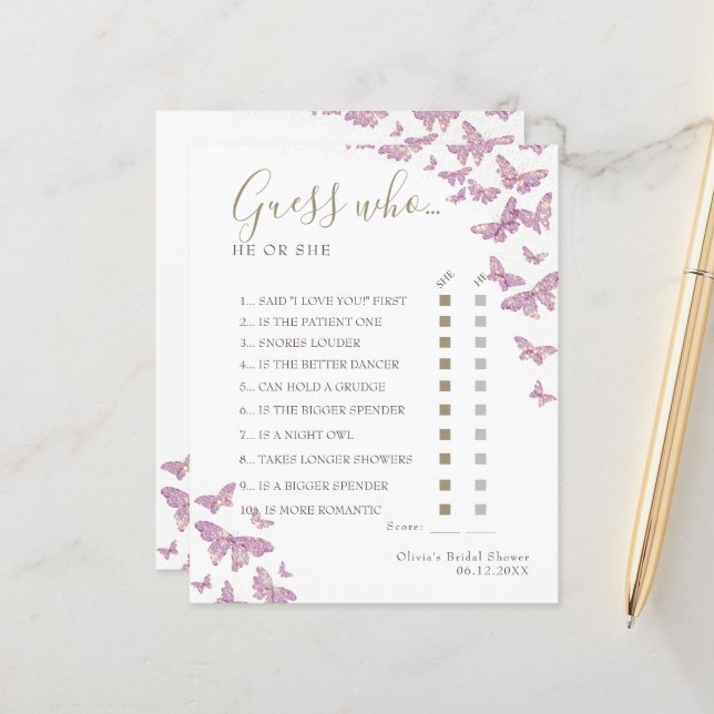 Lámina Mariposa morada Boho Ducha de novia adivina quién  (Anverso/Reverso In Situ)