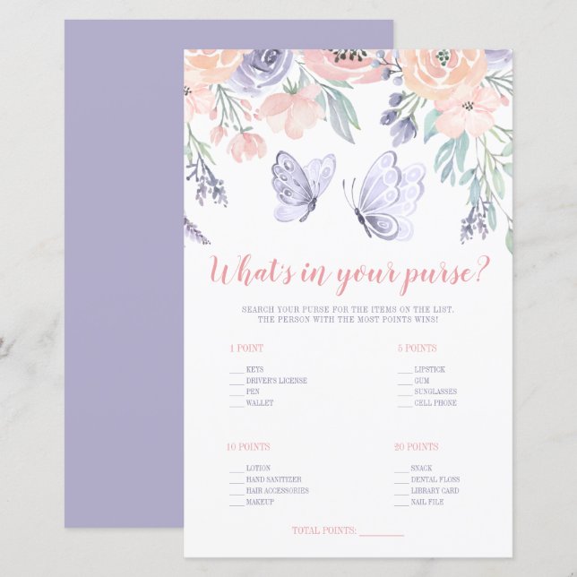 Lámina Mariposa morada rosada floral qué hay en tu bolso (Anverso / Reverso)