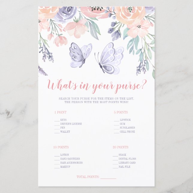 Lámina Mariposa morada rosada floral qué hay en tu bolso (Anverso)