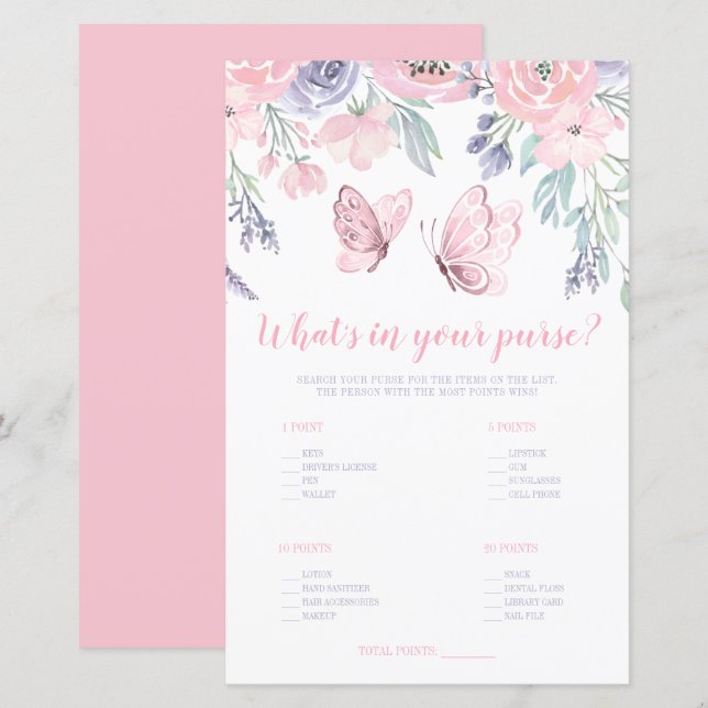 Lámina Mariposa morada rosada floral qué hay en tu bolso (Anverso / Reverso)