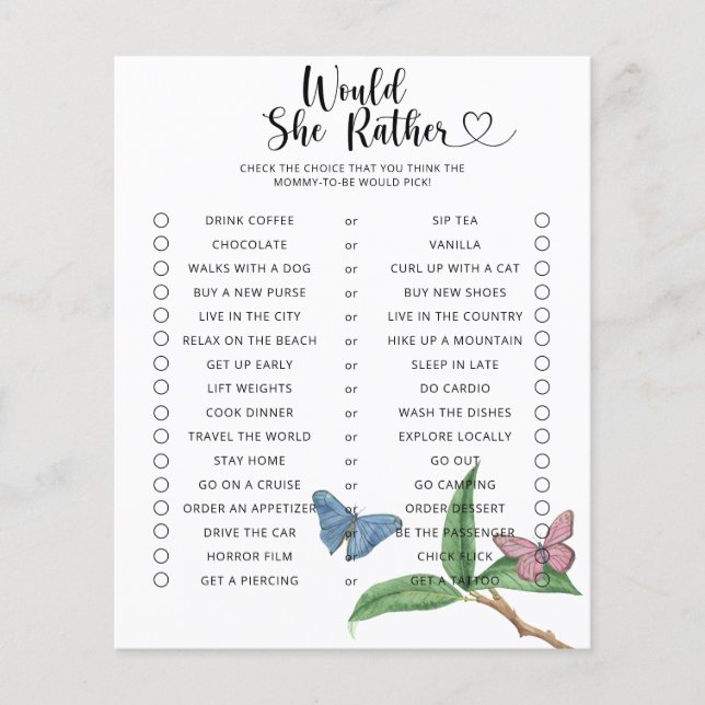 Lámina Mariposa / Preferiría Un Juego De Baby Shower (Anverso)