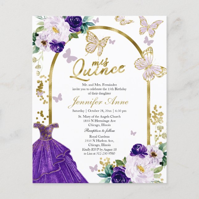 Lámina Mariposa Quince invitaciones presupuestarias bilin (Anverso)