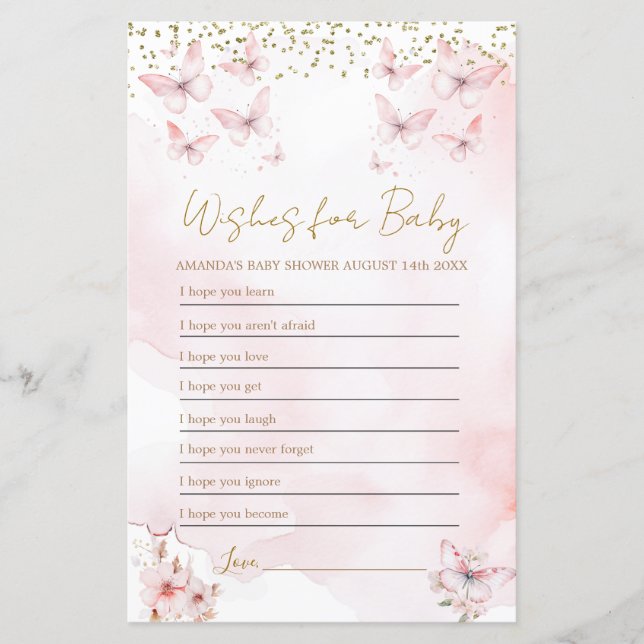 Lámina Mariposa rosa Baby Shower quiere un juego para beb (Anverso)