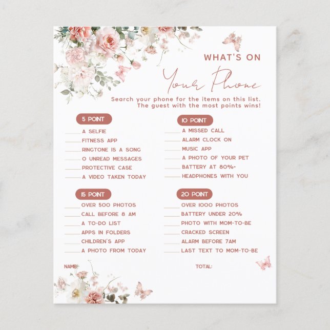 Lámina Mariposa rosa ¿Qué hay en tu teléfono Baby Shower? (Anverso)