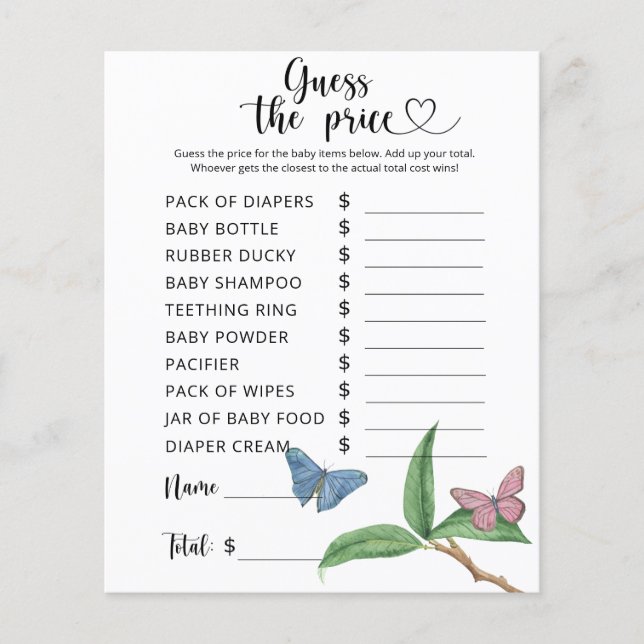 Lámina Mariposas - ¡Adivinen el precio! Juego (Anverso)