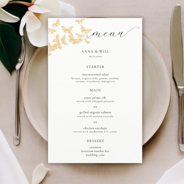 Lámina Mariposas Boho Gold Elegant Boda romántico (boho gold butterflies wedding menu elegant modern romantic calligraphy simple classic minimalist)