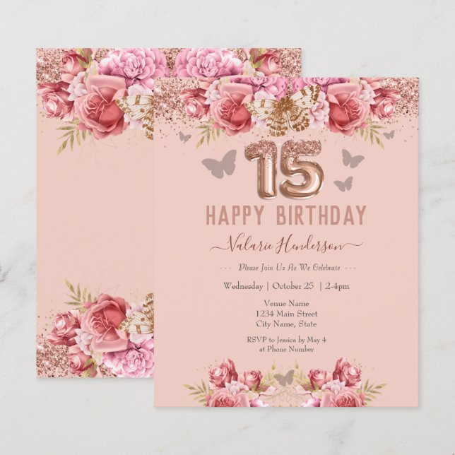 Lámina Mariposas Florales Rosa Felices Quince cumpleaños (Anverso / Reverso)