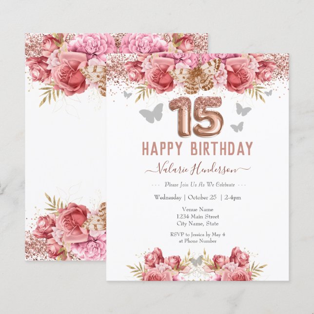 Lámina Mariposas Florales Rosa Felices Quince cumpleaños (Anverso / Reverso)