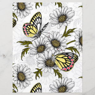 Lámina Mariposas Jezebel y flores de margarita en blanco