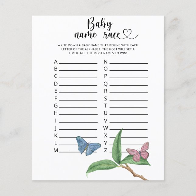 Lámina Mariposas: juego de raza por el nombre del bebé (Anverso)