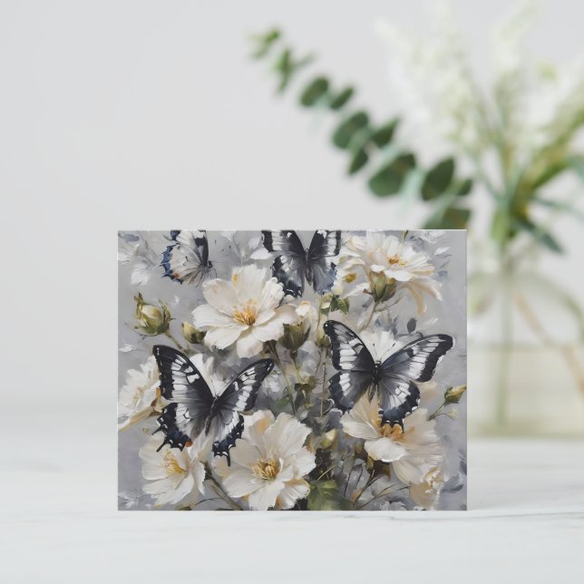 Lámina Mariposas Negras Y Blancas Sobre Flores Blancas, (Anverso de pie)