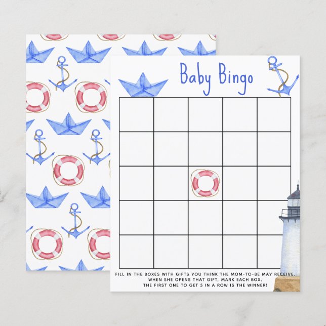 Lámina Marítimo acuarela - Juego de bingo para ducha bebé (Anverso / Reverso)