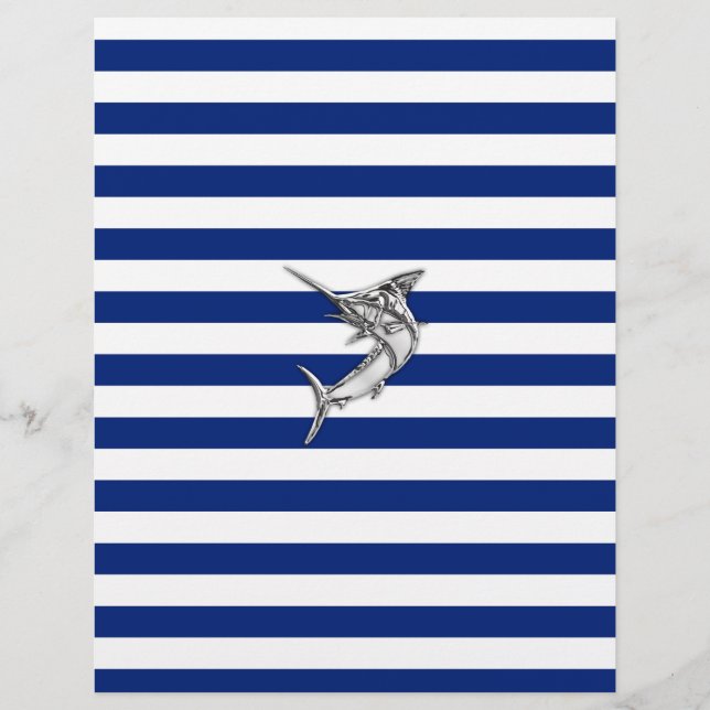 Lámina Marlin Swordfish Chrome Style on Nautical Stripes (Anverso)