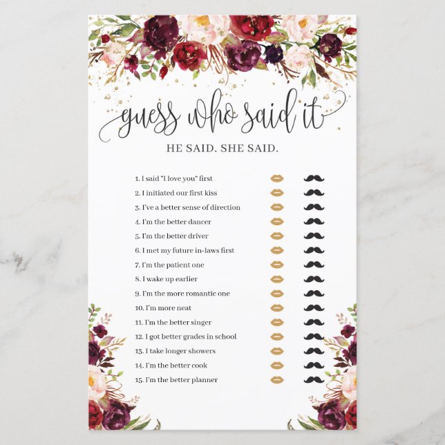 Lámina Marsala burgundy adivinando con flores quién dijo  (Anverso)