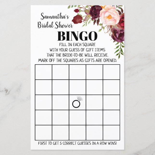 Lámina Marsala Flores Bridal Bingo Boda Juego de ducha (Anverso)